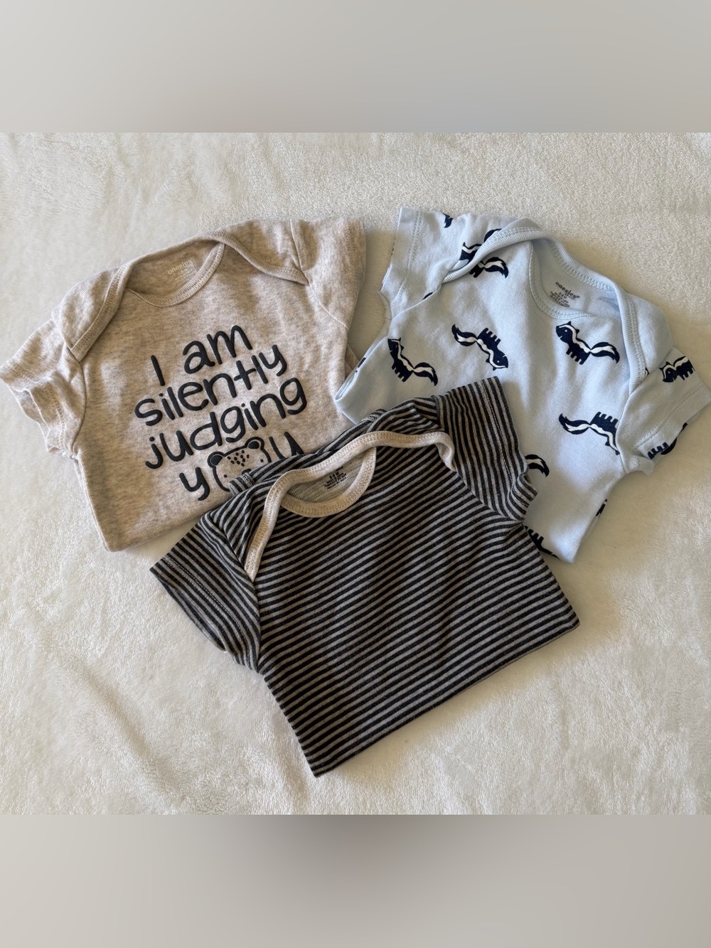 3-Pack Baby Short Sleeve Onesies in Beige, Light Blue & Brown Stripe size 6/9M